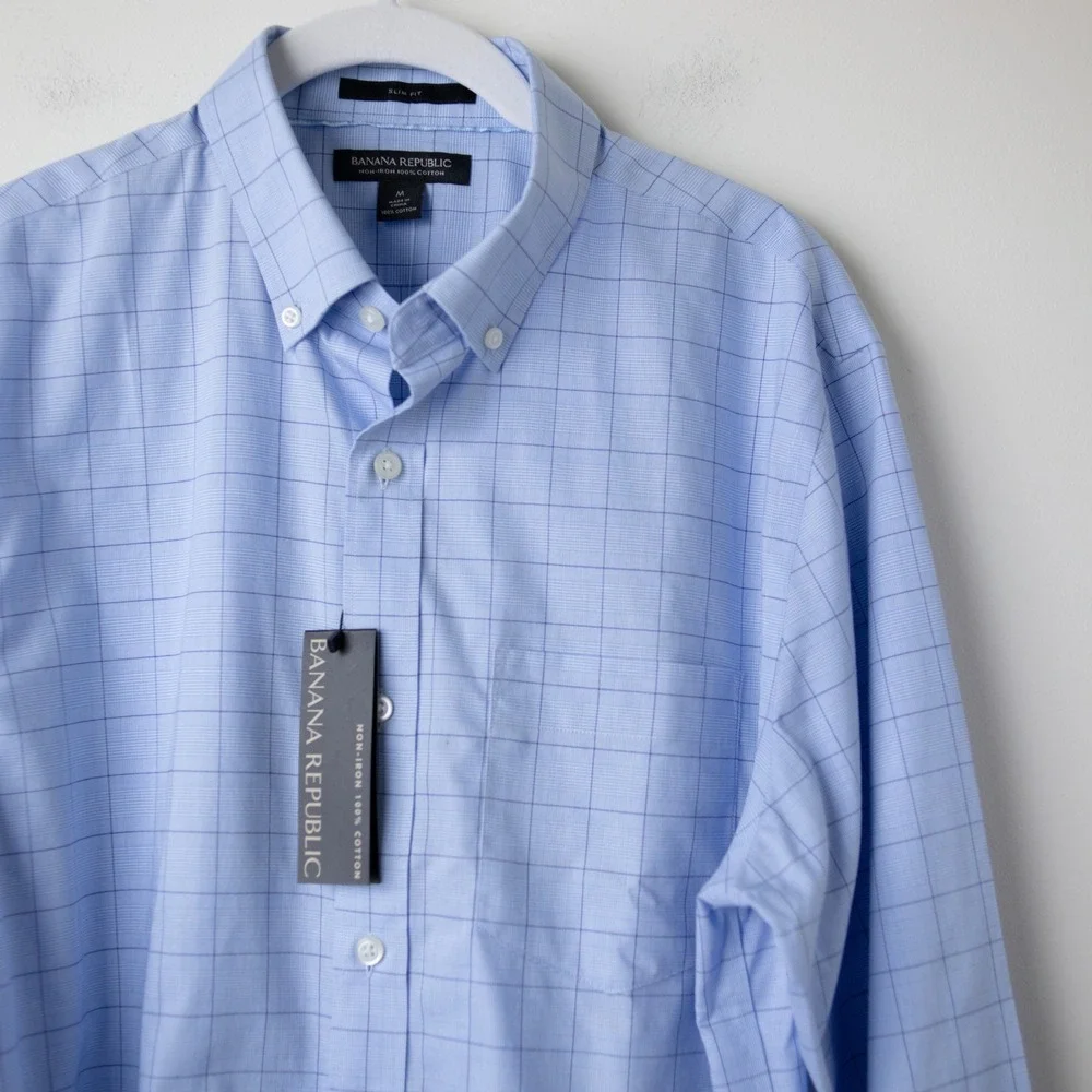 Banana Republic Mens Non-Iron Slim Fit Wrinkle Free Button Down Mens M Blue NEW